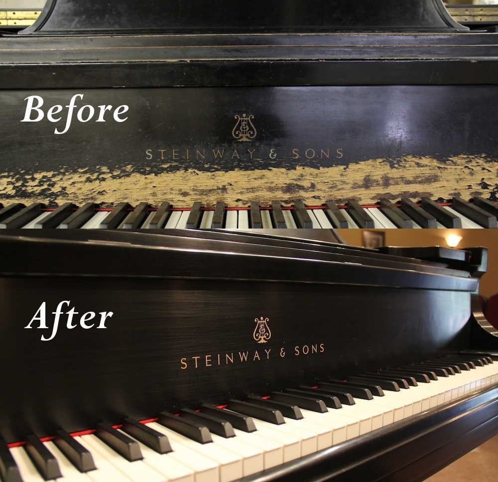 Steinway fallboard refinished - before and after